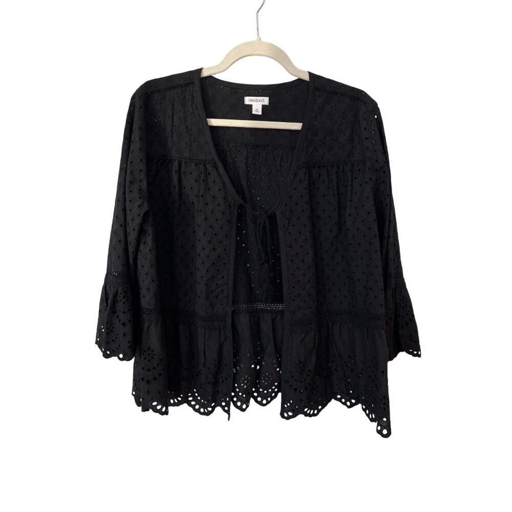 Westport Peplum Eyelet Cardigan Top Size Medium Bell Sleeve Tassel Tie Black NEW
